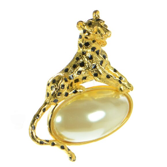 Kenneth Jay Lane KJL Gold-tone Panther Pearl Pin Brooch - Picture 1 of 4